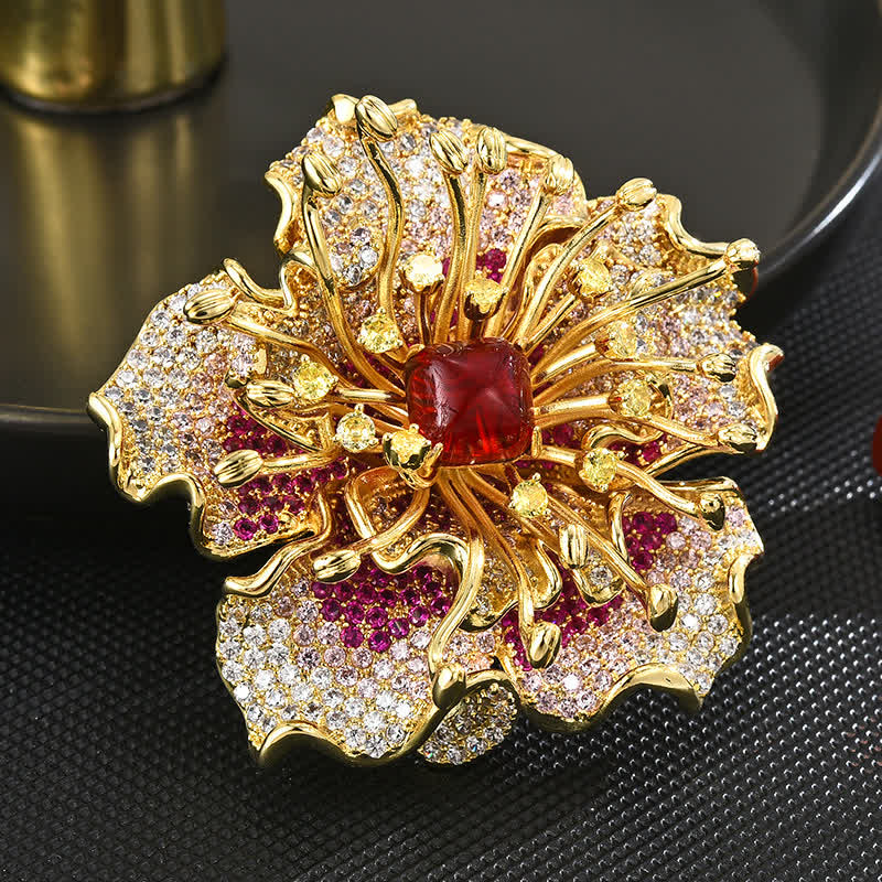 Spilla da donna di lusso con zirconi cubici colorati e fiori retrò
