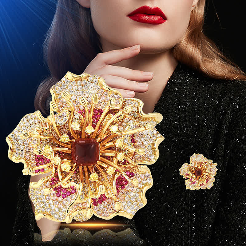 Spilla da donna di lusso con zirconi cubici colorati e fiori retrò