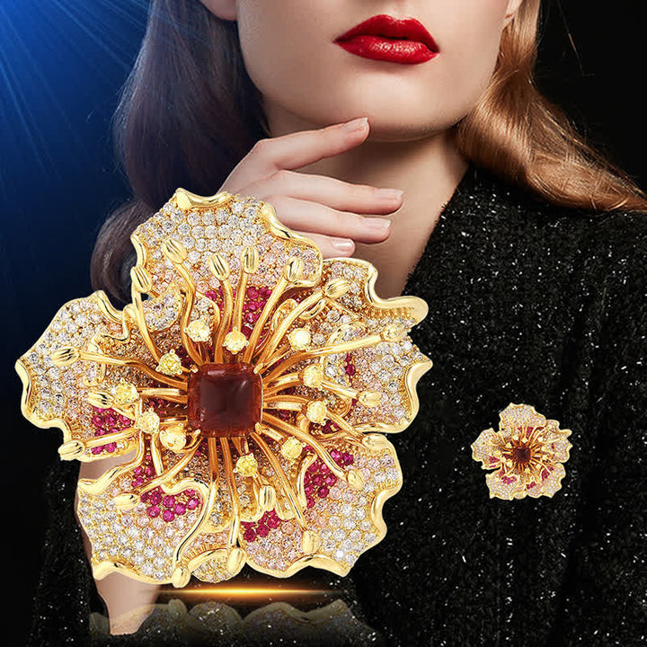 Spilla da donna di lusso con zirconi cubici colorati e fiori retrò
