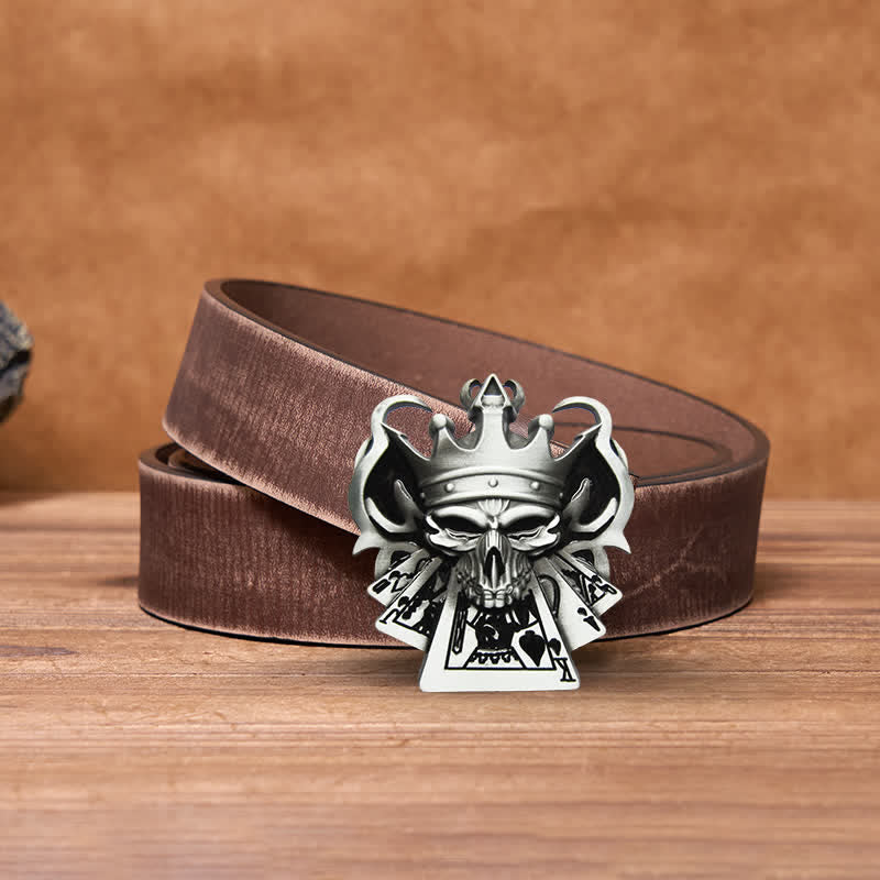 Cintura in pelle con fibbia da casinò Royal Flush Poker Skull fai da te da uomo