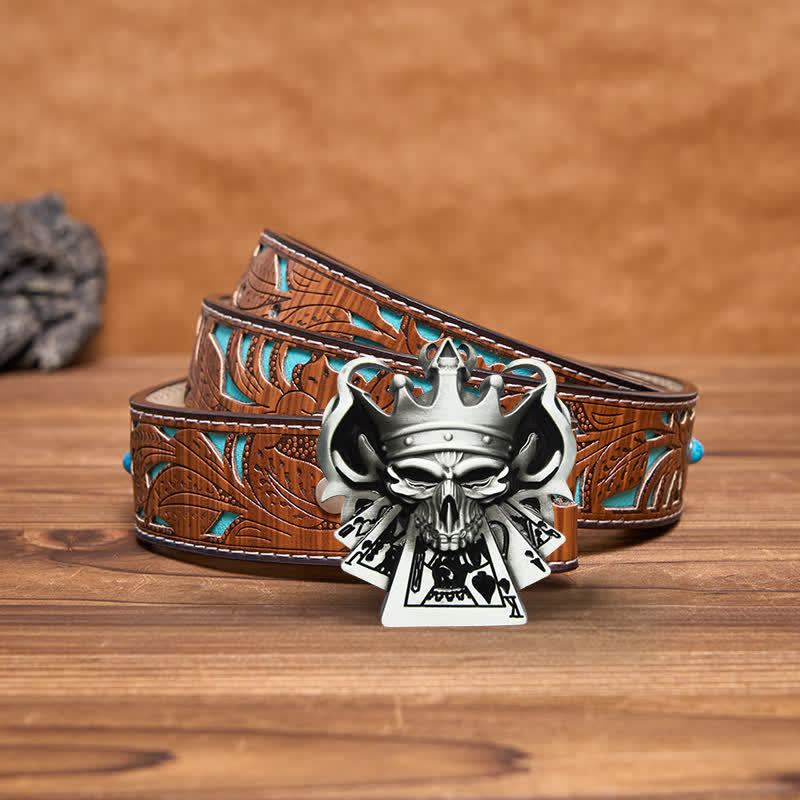 Cintura in pelle con fibbia da casinò Royal Flush Poker Skull fai da te da uomo