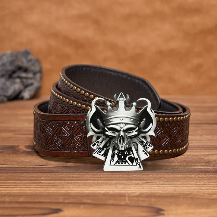 Cintura in pelle con fibbia da casinò Royal Flush Poker Skull fai da te da uomo