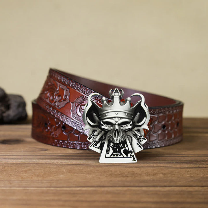 Cintura in pelle con fibbia da casinò Royal Flush Poker Skull fai da te da uomo