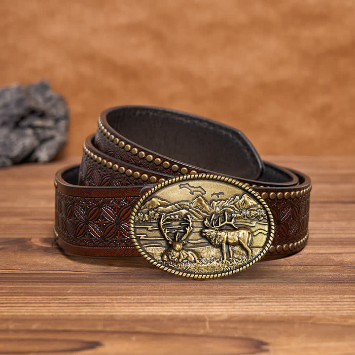 Cintura in pelle con fibbia in stile western con cervi della fauna selvatica fai da te da uomo - Bronzo - Cintura con rivetti marroni - 42 - image 11
