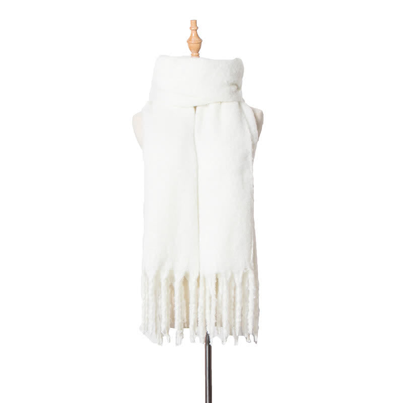 Sciarpa unisex calda e spessa con nappe di colore puro - Bianco - image 15