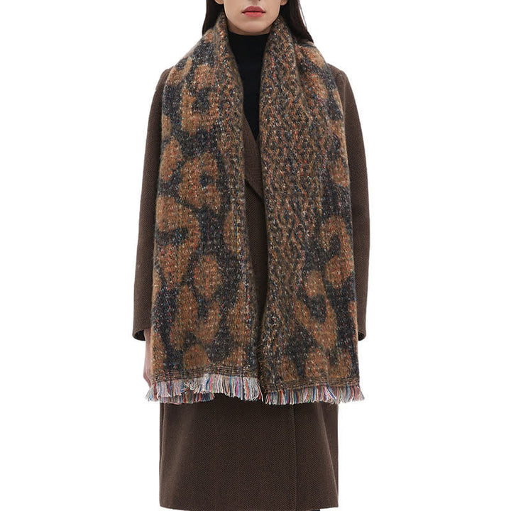 Sciarpa corta con frange e stampa leopardata unisex