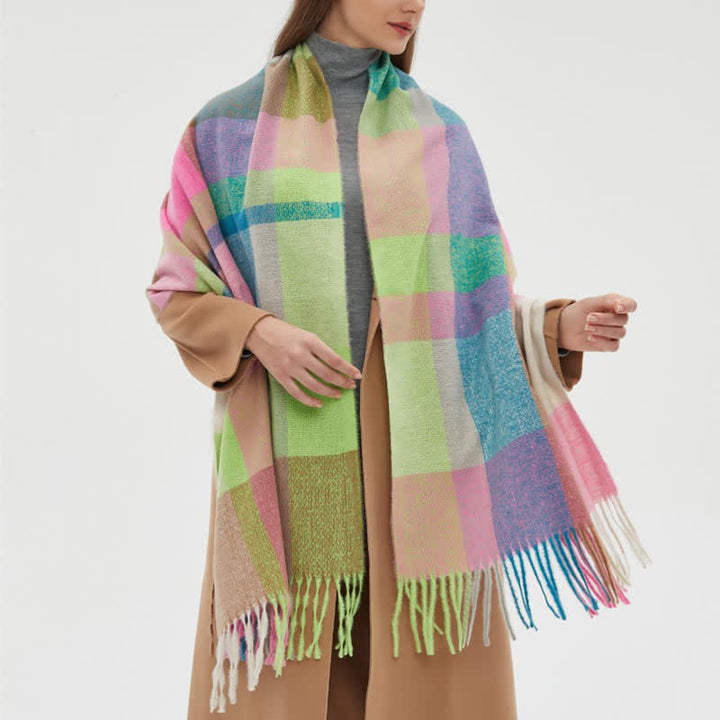 Sciarpa invernale con frange spesse a quadri arcobaleno unisex