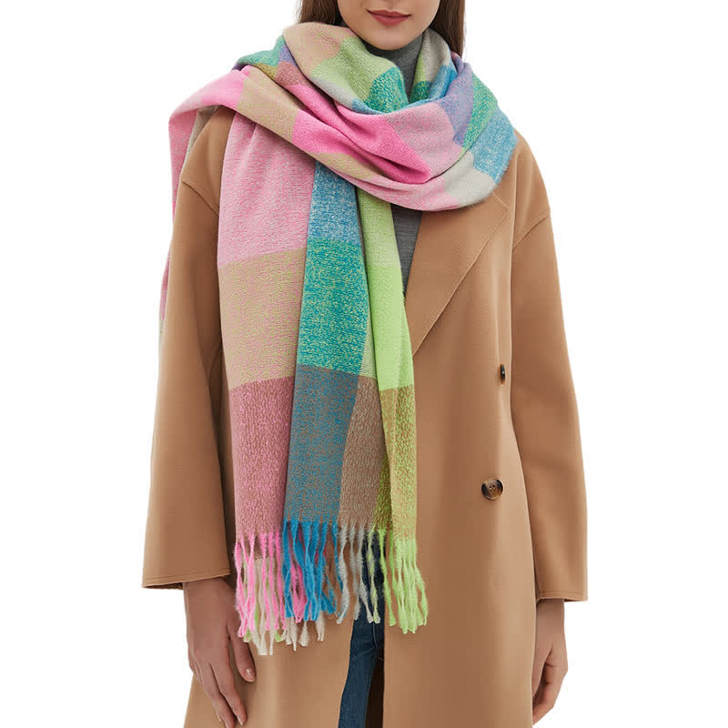 Sciarpa invernale con frange spesse a quadri arcobaleno unisex - image 0