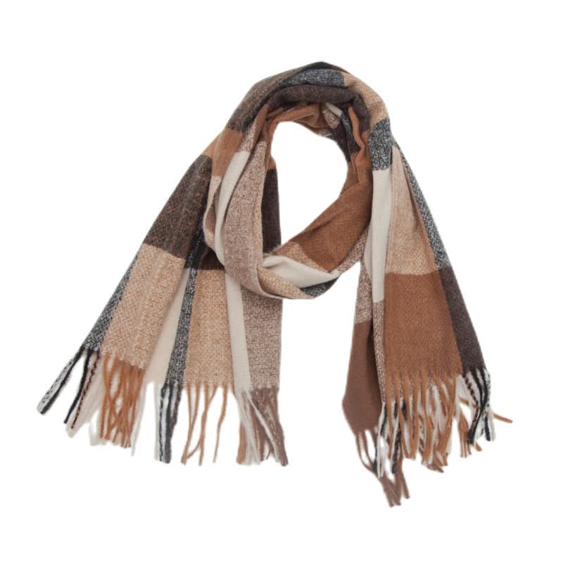 Sciarpa invernale con frange spesse a quadri arcobaleno unisex - Caffè - image 12