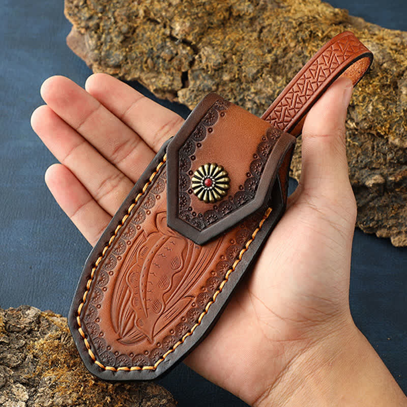 Fodero per coltello pieghevole con motivo in rilievo e borsa in pelle con cintura