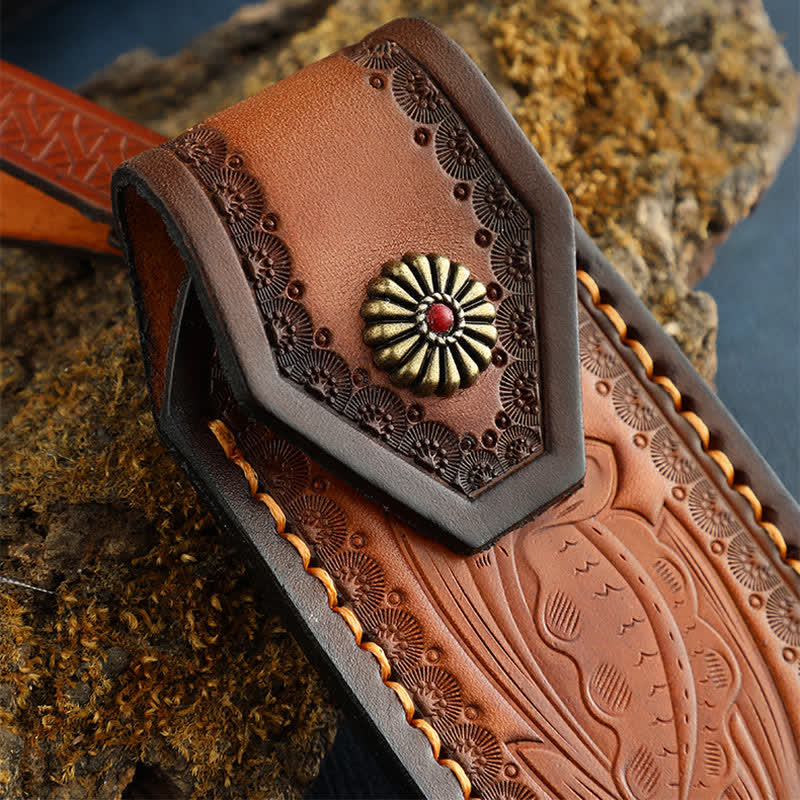 Fodero per coltello pieghevole con motivo in rilievo e borsa in pelle con cintura