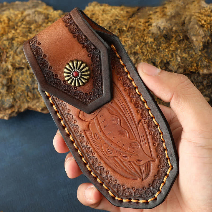 Fodero per coltello pieghevole con motivo in rilievo e borsa in pelle con cintura