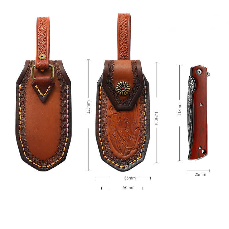 Fodero per coltello pieghevole con motivo in rilievo e borsa in pelle con cintura