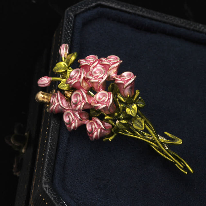 Spilla da donna con bouquet di rose rosa e verdi