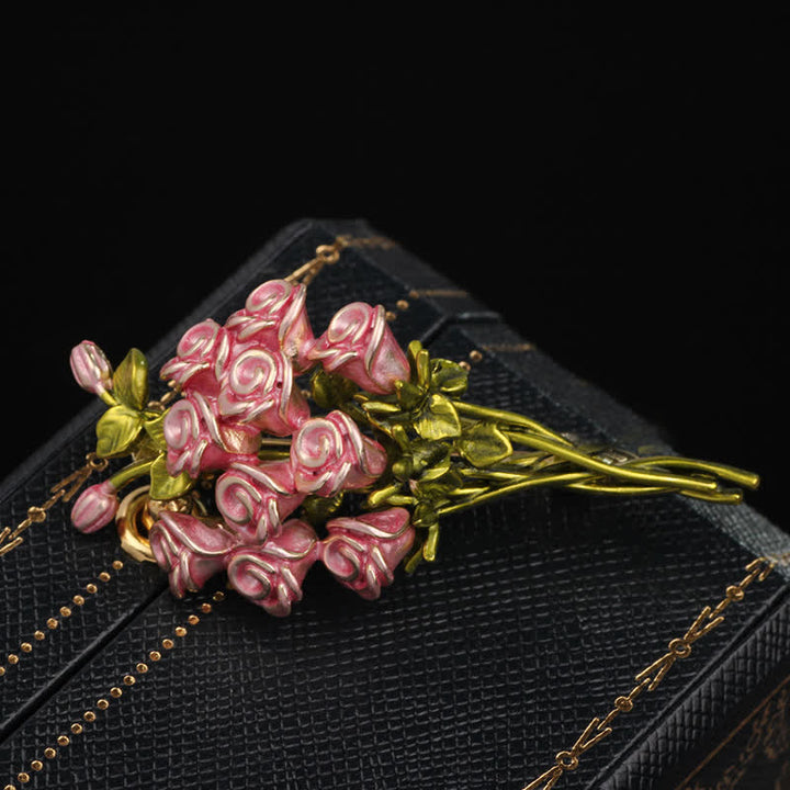 Spilla da donna con bouquet di rose rosa e verdi