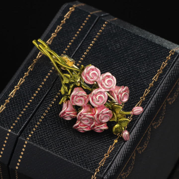 Spilla da donna con bouquet di rose rosa e verdi