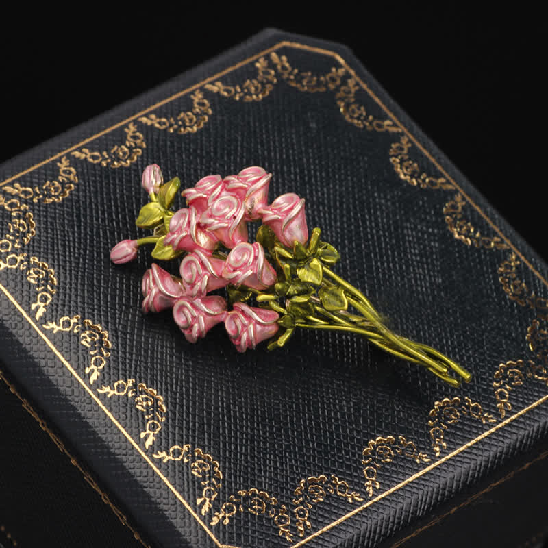 Spilla da donna con bouquet di rose rosa e verdi