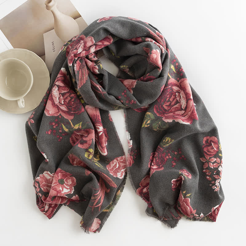 Sciarpa da donna con motivo romantico a rose grandi e graziose - Grigio scuro - image 11