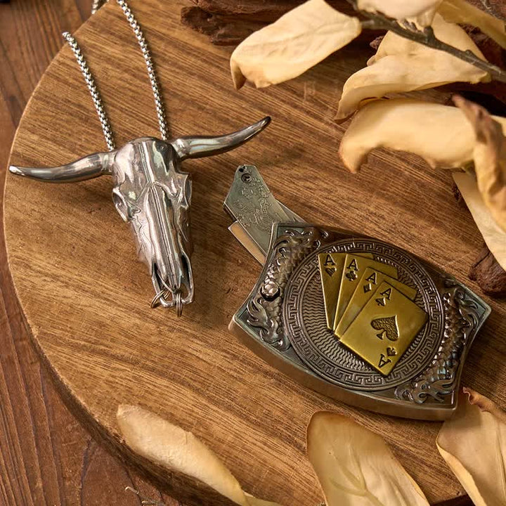Gadget Western fai da te, fibbia per coltello nascosto, ciondolo a forma di toro Longhorn