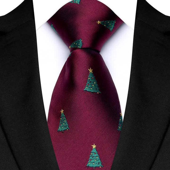 Cravatta da uomo con motivo festoso di alberi di Natale verdi - Borgogna - image 0