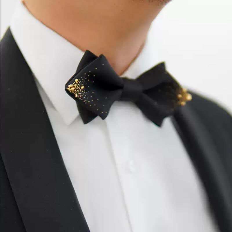 Papillon a punta doppio strato in filo d'oro nero da uomo