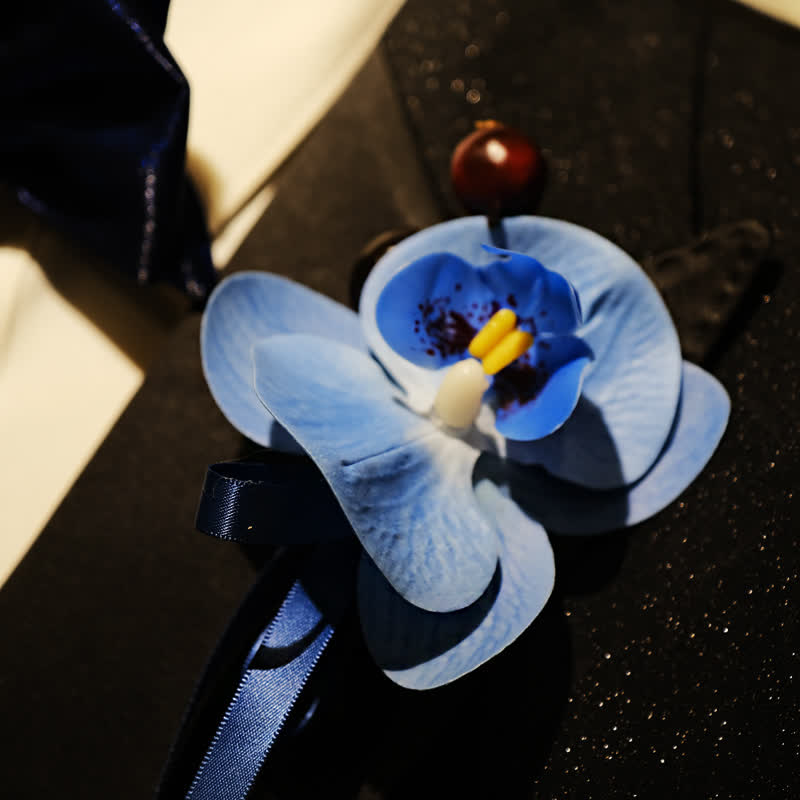 Set di 3 fazzoletti con spilla e papillon a coda di pesce con motivo Phalaenopsis blu da uomo