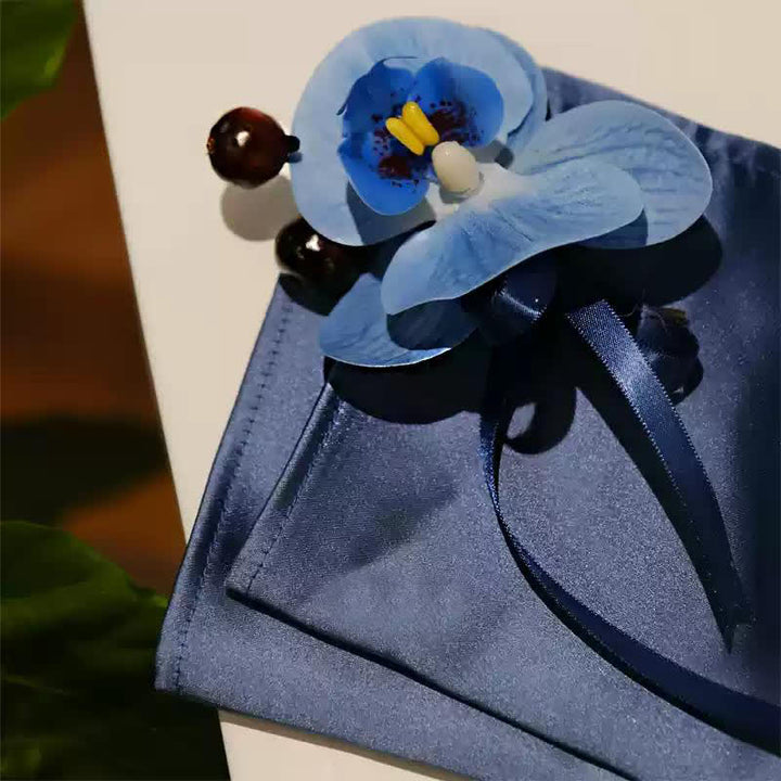 Set di 3 fazzoletti con spilla e papillon a coda di pesce con motivo Phalaenopsis blu da uomo