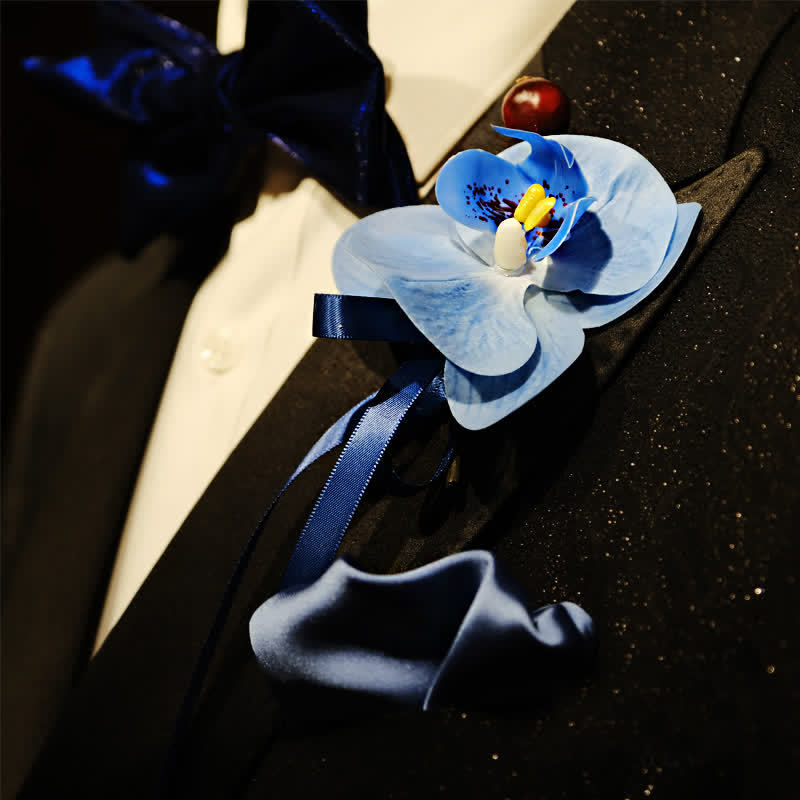 Set di 3 fazzoletti con spilla e papillon a coda di pesce con motivo Phalaenopsis blu da uomo