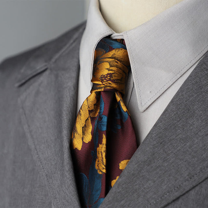 Cravatta da uomo con motivo floreale in crisantemo colore bordeaux e oro