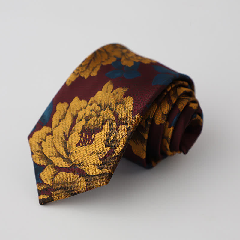 Cravatta da uomo con motivo floreale in crisantemo color bordeaux e oro - image 1
