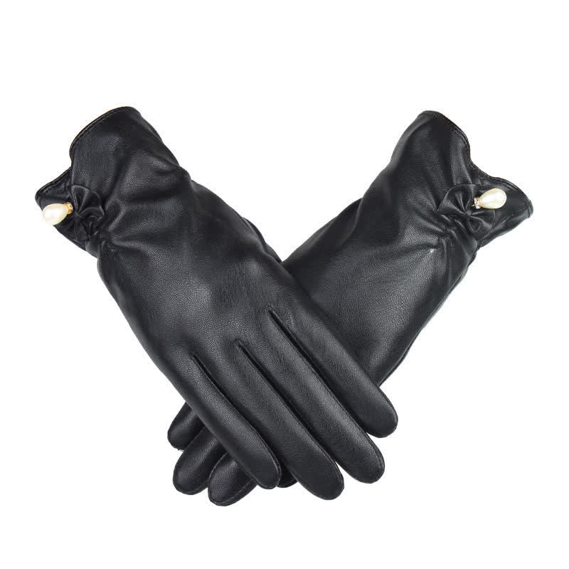 Guanti invernali in pelle di velluto perlato da donna - Nero - image 0