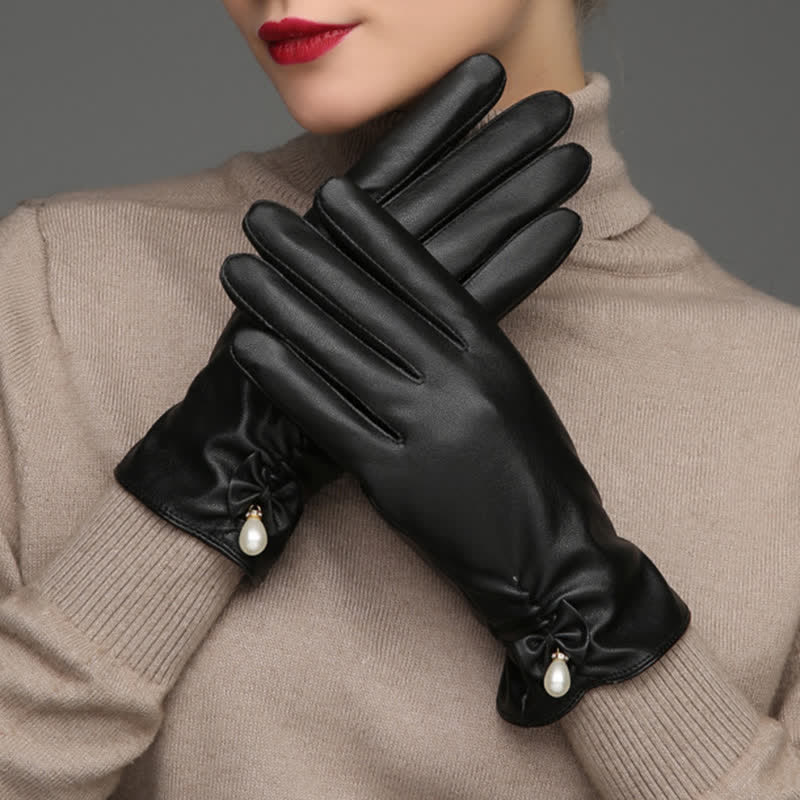 Guanti invernali in pelle di velluto perlato da donna - image 1