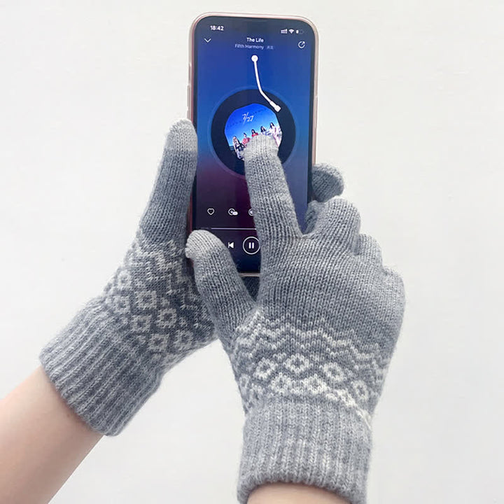 Guanti in maglia di velluto caldo e touch screen con stampa a onde