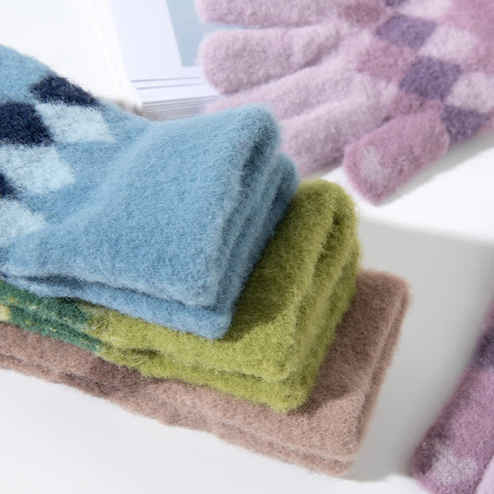 Guanti in maglia di peluche caldo con motivo a rombi colorati