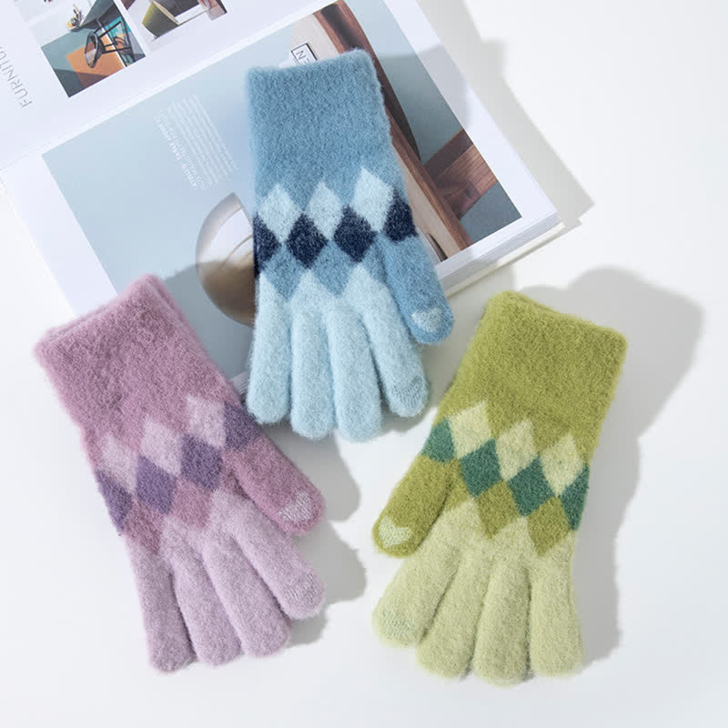 Guanti in maglia di peluche caldo con motivo a rombi colorati