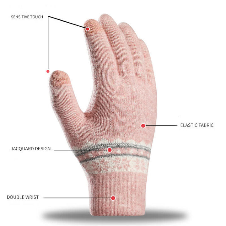 Guanti caldi in maglia elasticizzata con polsini jacquard a fiocco di neve