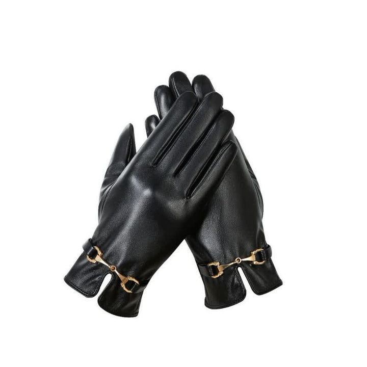 Guanti in pelle PU in velluto caldo con decorazione in metallo da donna