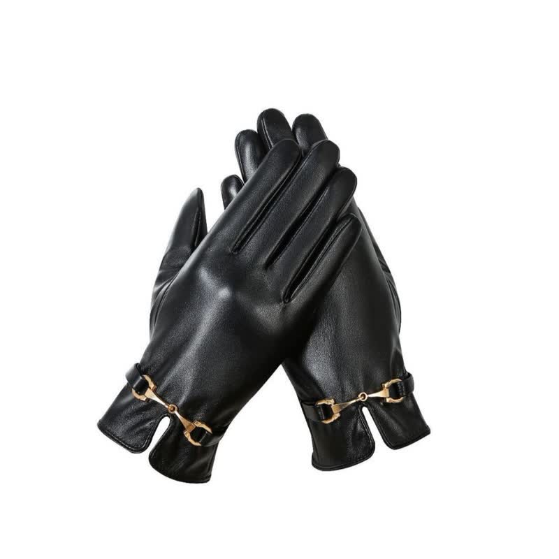Guanti in pelle PU in velluto caldo con decorazione in metallo da donna - Nero - image 4