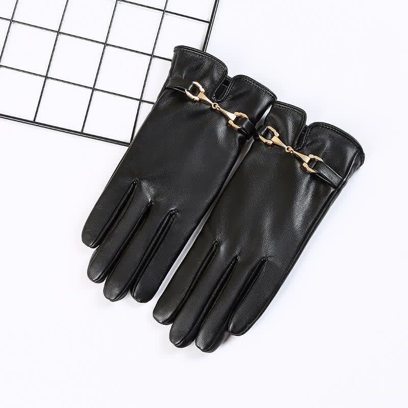 Guanti in pelle PU in velluto caldo con decorazione in metallo da donna