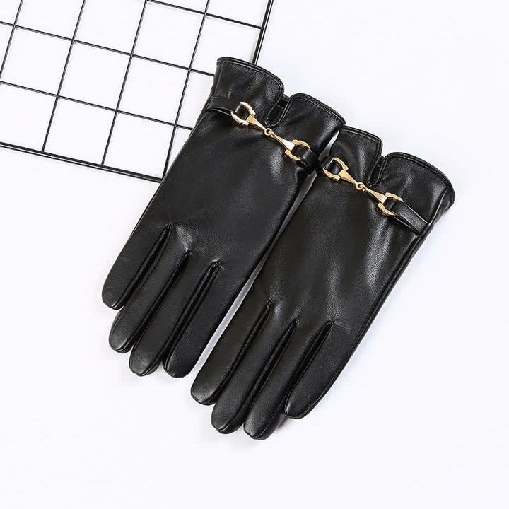 Guanti in pelle PU in velluto caldo con decorazione in metallo da donna