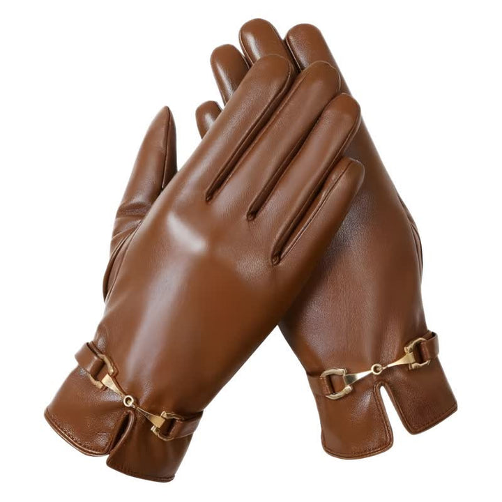 Guanti in pelle PU in velluto caldo con decorazione in metallo da donna