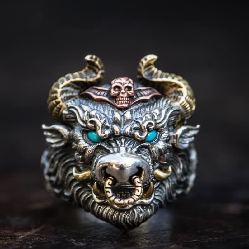 Anello regolabile con apertura a forma di toro e cavallo dominante da uomo