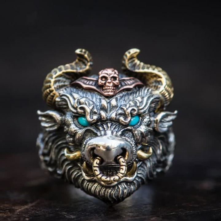 Anello regolabile con apertura a forma di toro e cavallo dominante da uomo
