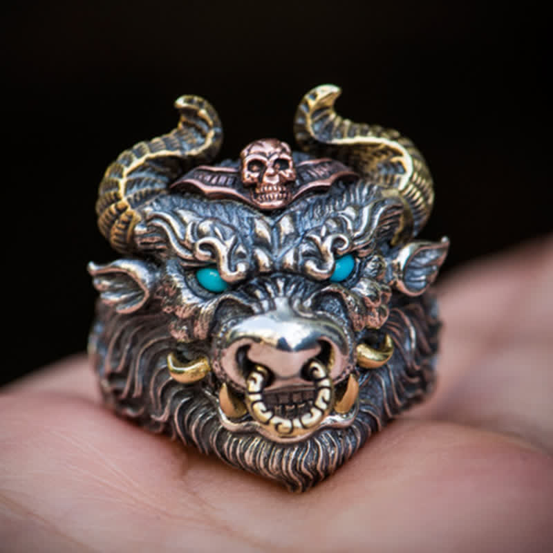 Anello regolabile con apertura a forma di toro e cavallo dominante da uomo