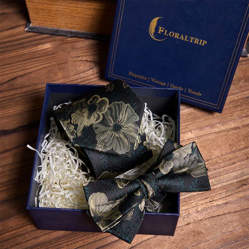 Set di cravatta e papillon floreale verde scuro Night