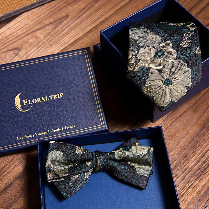 Set di cravatta e papillon floreale verde scuro Night