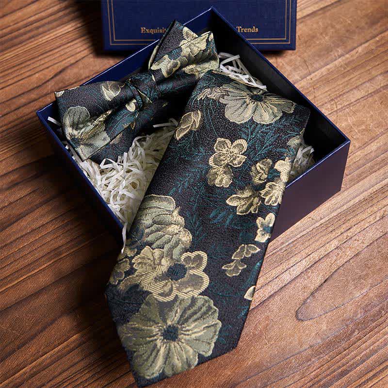 Set di cravatta e papillon floreale verde scuro Night