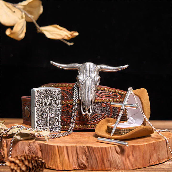 Set di collana con ciondolo a forma di croce e toro Longhorn, accendino della Sacra Bibbia