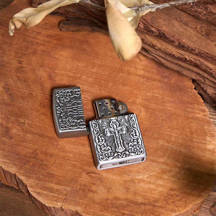Set di collana con ciondolo a forma di croce e toro Longhorn, accendino della Sacra Bibbia