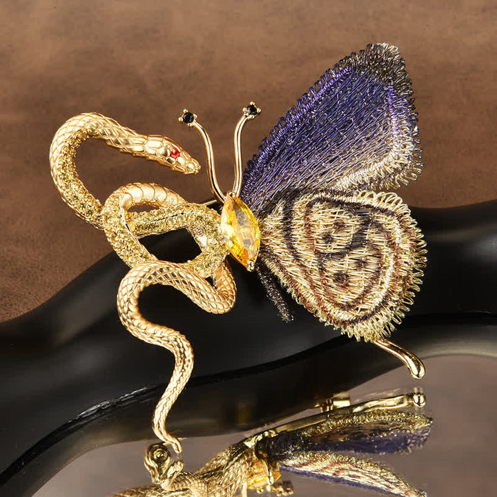 Spilla da donna con farfalla ricamata viola e serpente dorato